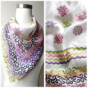 Vintage 1960s White Purple Pink Light Green Flower Scroll Print Rayon Silk Scarf